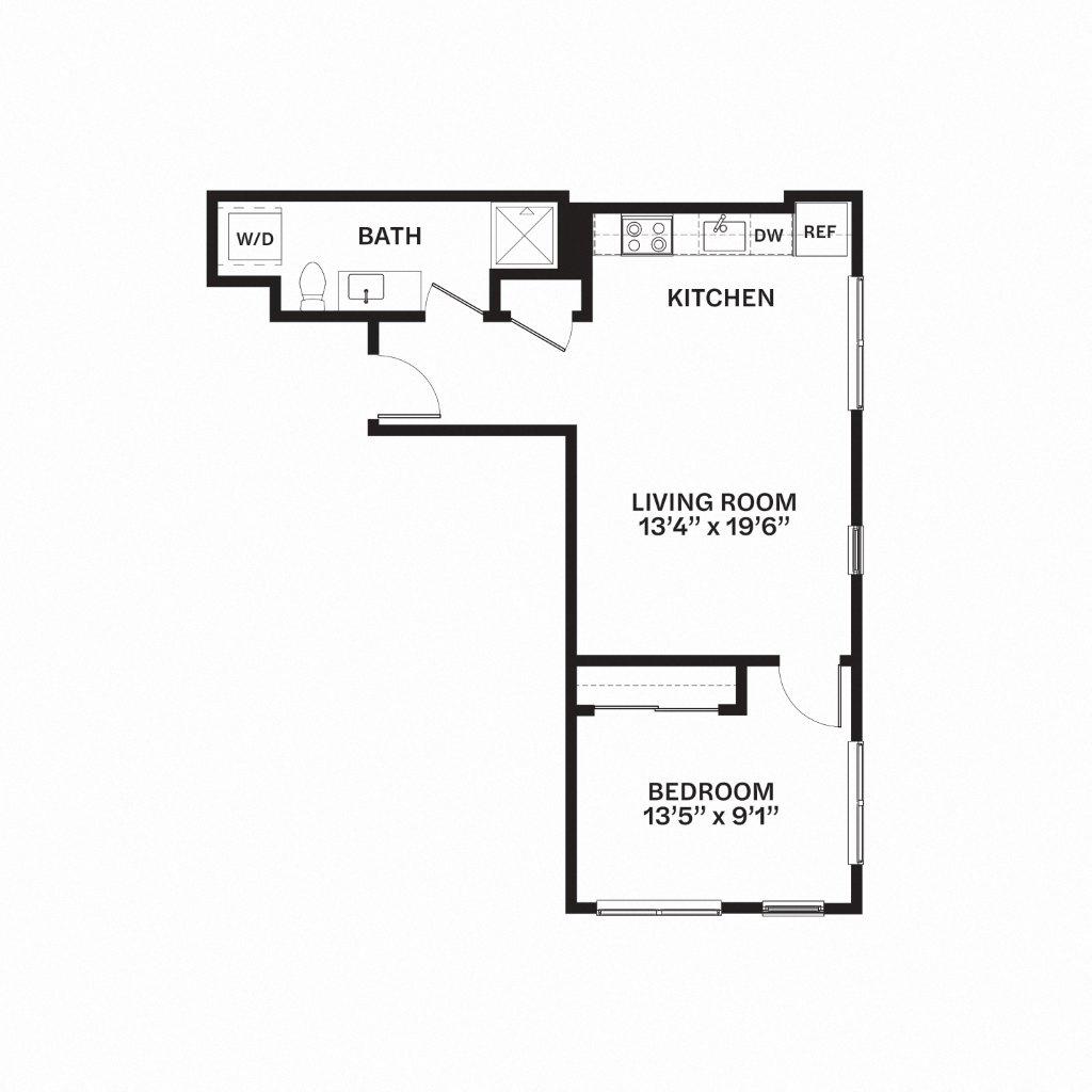 Floor plan for 1 bed, 1 bath, 695 sqft